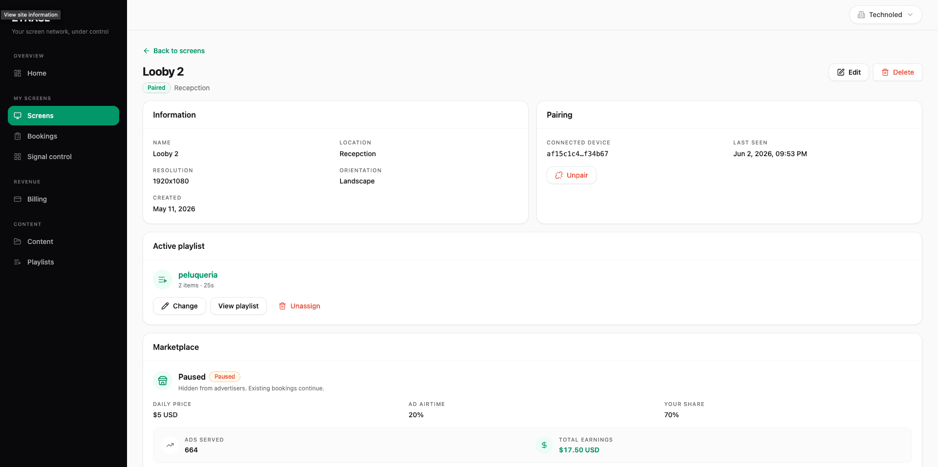 ZYNAGE screen earnings — daily price, revenue share, and marketplace stats