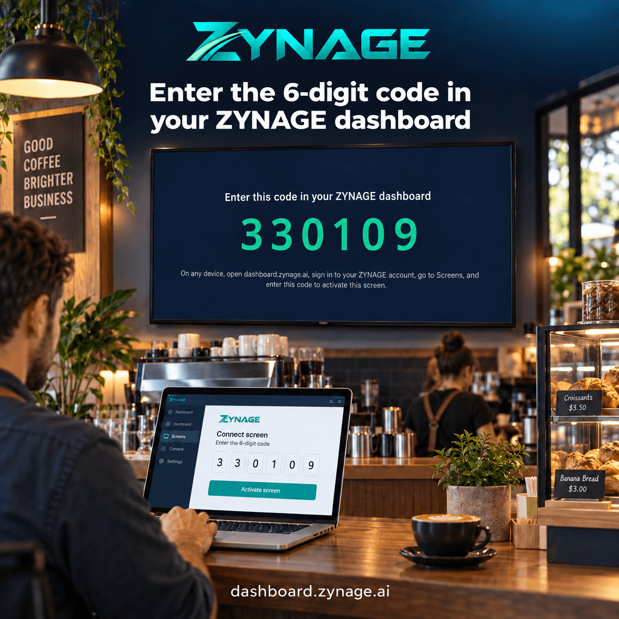 A café TV showing a 6-digit pairing code next to a laptop entering it in the ZYNAGE dashboard